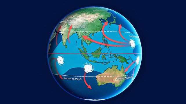 3D map showing global hurricane paths, tracking trajectories, intensity, and storm movement over oceans.