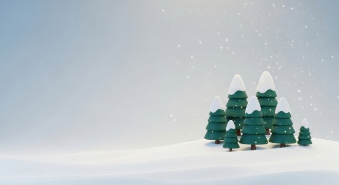 Minimalist 3D winter scene with cartoon trees wearing snow caps, set against a soft, bright sky