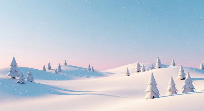 Minimalist winter wonderland with white geometric trees on soft snow dunes and pastel sky