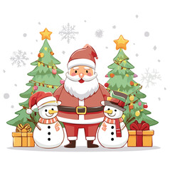 Santa Claus with a Christmas tree and snowmen vector illustration