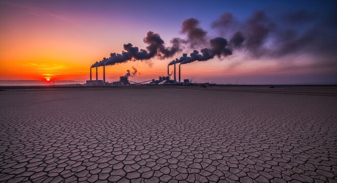 A large, industrial power plant emitting smoke and steam into the sky at sunset, with a cracked, dry landscape in the foreground.