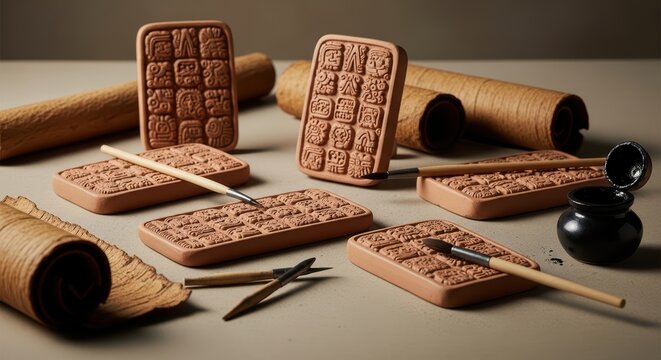 Ancient clay tablets with carved symbols and tools on parchment background