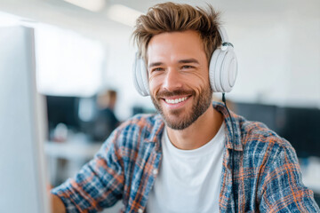 Fototapeta premium Young man with beard wearing headphones and plaid shirt smiling while using computer in bright modern office environment