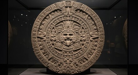 Aztec sun stone exhibit: intricate carvings in museum display