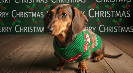 Dachshund dog wearing a Christmas sweater sitting on wood floor. A festive holiday close-up capturing the dog's cute face. Christmas cheer, cozy holiday, family traditions.