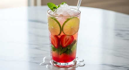 Refreshing Strawberry Mojito Cocktail with Lime and Mint.