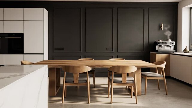 A spacious kitchen with wooden table seating four chairs, featuring a stove against one wall, invites culinary creativity and warmth, conveying the concept of a cozy gathering place for friends.