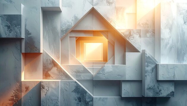 Abstract geometric artwork, nested structures, bright light from center