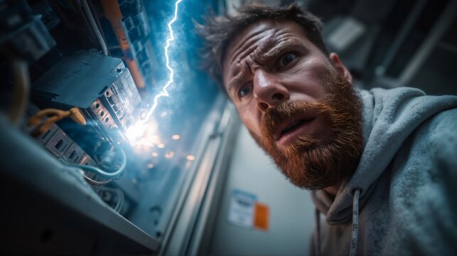 Man shocked by a dangerous electrical short circuit. Sparks and an electric arc from a fuse box. Workplace safety and hazard concept