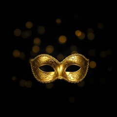 Golden Venetian mask with intricate designs set against a solid black background.