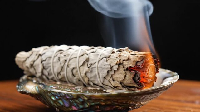 Burning Sage Bundle in Abalone Shell with Smoke on Wooden Surface Against Black Background Creates a Spiritual Ambiance and Ritualistic Scene