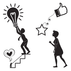Man climbing stairs to reach idea, woman looking at star