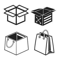 Collection of packaging icons shopping bag, and cardboard box