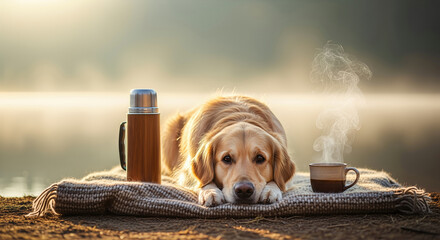 Golden retriever resting outdoors with a hot drink and thermos on a cozy blanket. A serene portrait of comfort and companionship. Pet wellness, relaxation, peaceful morning.