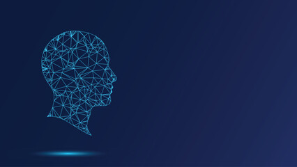 A digital illustration of a head constructed from lines and geometric shapes, symbolizing AI, connectivity, and the future of technology.