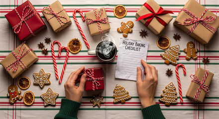 Festive flat lay with presents, cookies and checklist on table. Warm holiday spirit with baked treats and gifts. Seasonal baking, holiday preparation, Christmas planning.