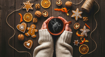 Hands holding hot drink, surrounded by festive holiday treats on wood background. A warm, inviting flat lay of Christmas joy. Festive mood, cozy winter, holiday season.