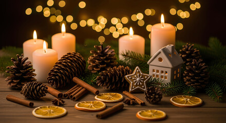 Candles with pine cones and cinnamon sticks on wood surface. Close up festive arrangement with warm, inviting mood. Holiday atmosphere, cozy winter.