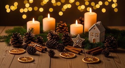 Burning candles and Christmas decorations on wooden table. A warm, festive, winter holiday scene. Christmas spirit, cozy atmosphere, holiday cheer.