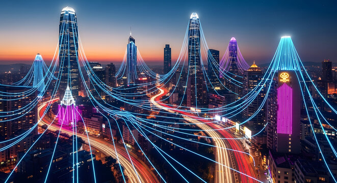 Digital network connecting modern city skyscrapers at twilight