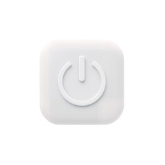 White 3D power button icon on a rounded square with a subtle shadow on off
