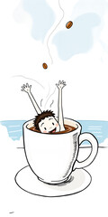 Cartoon person joyfully bathing in a steaming cup of coffee with beans falling