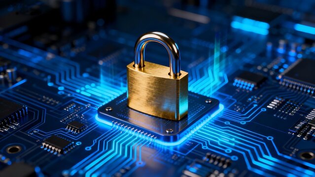Golden padlock secured on a glowing blue circuit board with microchips technology security