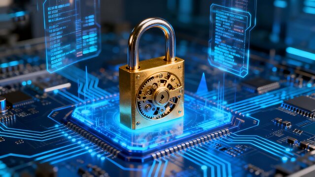 Golden Padlock on Glowing Blue CPU Chip Symbolizing Data Security cybersecurity protection
