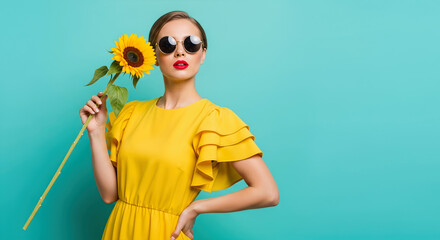 Elegant woman holding sunflower against turquoise background. A close-up studio shot conveying summer vibes. . Beauty concept, fashion shoot, vibrant colors.
