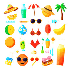 Assortment of colorful summer vacation items including hats drinks swimwear and fruit