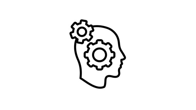Innovation, creativity, thinking, idea, inspiration process icon animation. Head with rotation gear animated symbol. Solution, creative, invention and intelligence 4K motion video