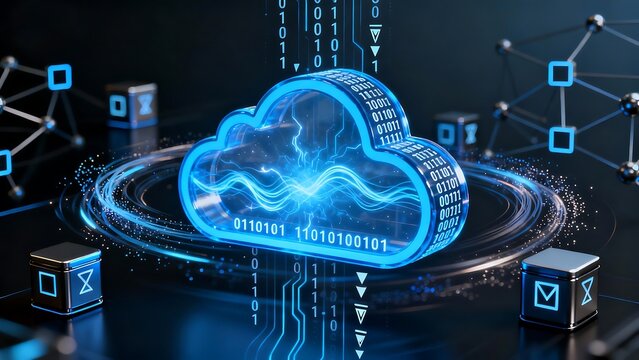 Digital cloud icon with binary code and lightning inside surrounded by abstract network elements