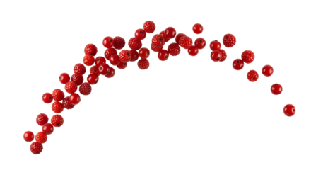 Vibrant red currants scattered in an elegant arc, showcasing their fresh appeal and natural beauty on a clean white background, perfect for healthy eating concepts