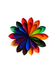 Vibrant colorful abstract flower with overlapping petals in a radial pattern on black