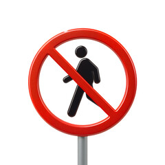 Red prohibition circle sign with black pedestrian symbol on gray pole no entry