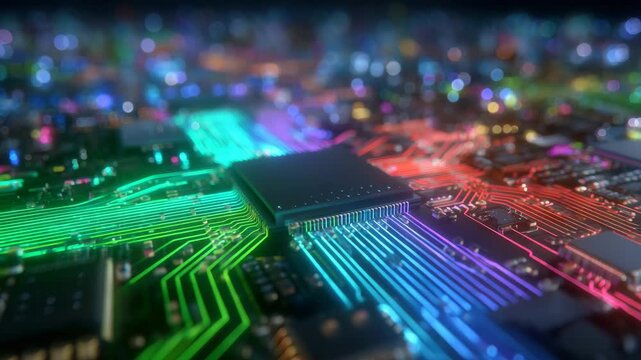 172Complex circuitry close-up with vibrant color-coded lines and micro components, illustrating advanced technology and innovation in electronics