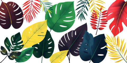 A vibrant collage of diverse tropical leaves in striking colors like green yellow red and deep blue