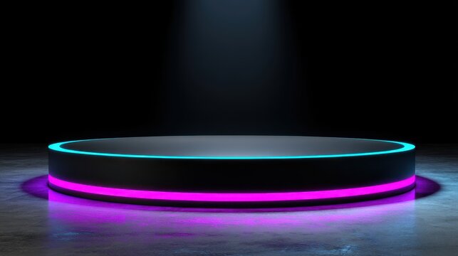 Large, circular stage with a purple and blue light shining on it