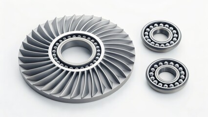 Close up of turbine blades and bearings on a white backdrop