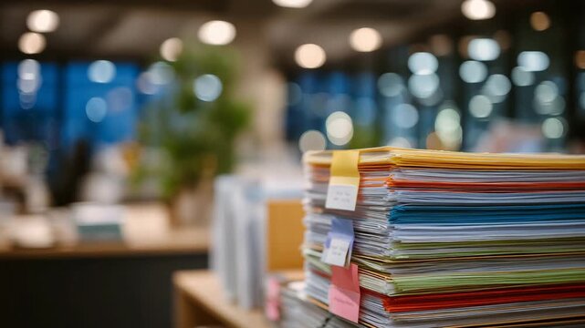 177Close-up of neatly stacked patient records with folders and labels, office environment softly blurred in background, warm desk lighting