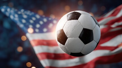 Soccer ball in front of an American flag symbolizing USA 2026 international football championship