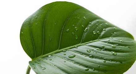 Lush green leaf with fresh water droplets on a white background