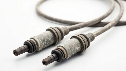 Close view of an old spark plug wire on a white surface