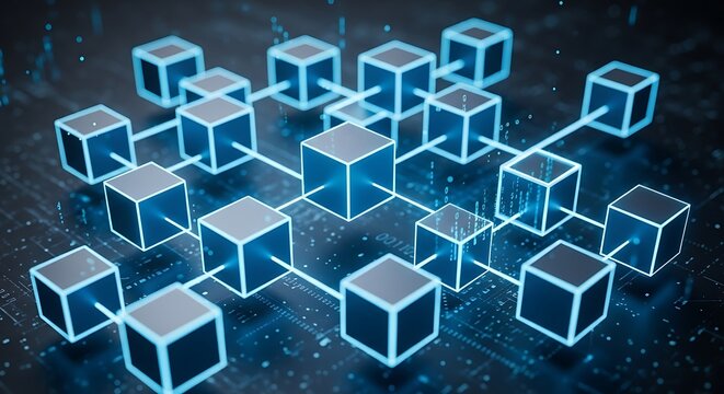 Network of glowing blue cubes connected by lines representing a digital blockchain technology