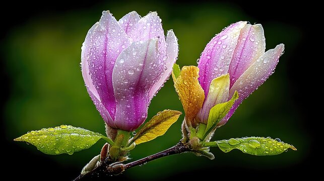 Two pink magnolia flower buds covered in fresh water droplets rest on a dark background
