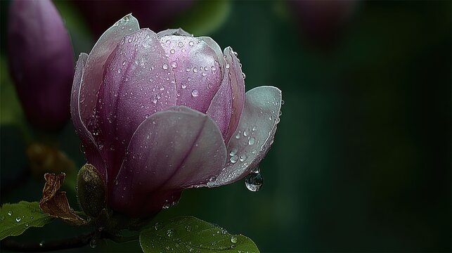 Water droplets cling to the petals of a partially opened purple bloom against a dark background.