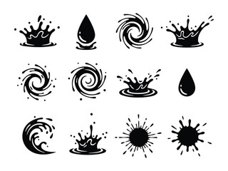 Collection of black water splashes and drops