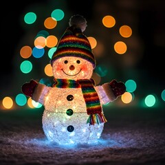  A snowman with a bright scarf and hat is surrounded by fresh snow, illuminated by the soft glow of a snowy night.
