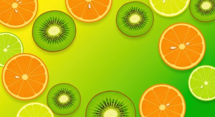 Vibrant slices of kiwi, lime, and orange on gradient background