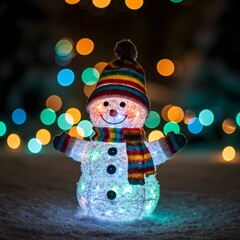 A cheerful snowman wearing a scarf and hat stands in a snowy landscape under a starry night sky.